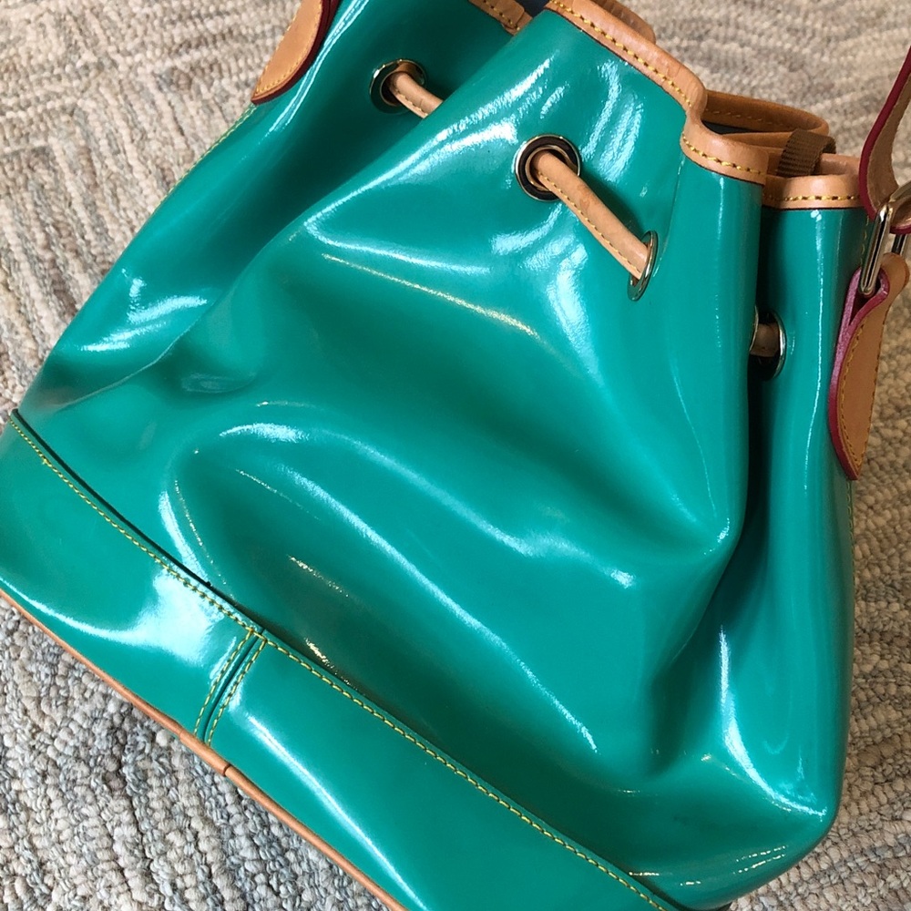 Dooney & Bourke Teal Patent Leather Drawstring Bucket Bag with Tan Trim - Picture 16 of 16
